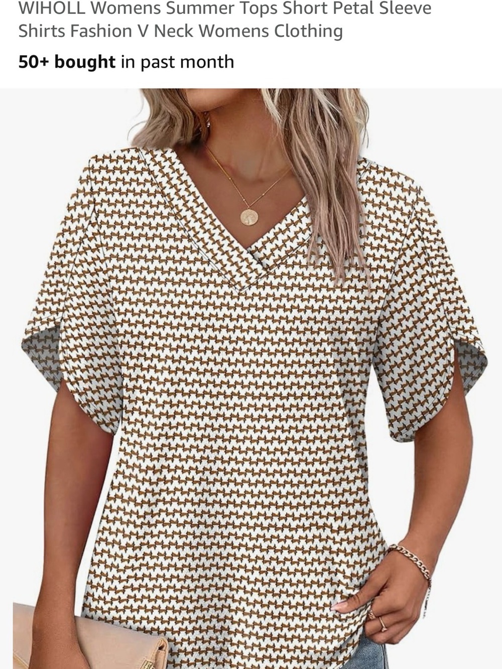 Casual V-Neck Short Sleeve Top in Brown and White - Women's Tee